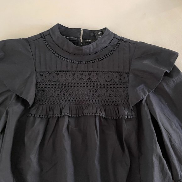 ❤️ J. CREW BLACK PEASANT BLOUSE TOP HIGH NECK CROCHET BALLOON SLEEVES BOHO SHIRT - Picture 5 of 12